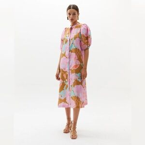 Lanhtropy Bubble Linen Button Front Midi Puff Sleeve Dress in Aquarela - Size L